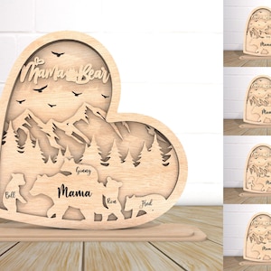 Festa della mamma personalizzata mamma orsa Svg, regali per la festa della mamma Svg, cornice tagliata al laser 3D, Love u Mom Svg, regalo per la mamma SVg, Glowforge