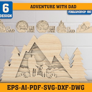 Buiten met papa gelaagde bundel, Vaderdag lasergesneden bordbundel, meerlaags houten vaderdecor met wandelen, kamperen, vissen, Glowforge