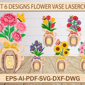 Set 6 Design Blumen Holzvase Tischdekoration, Glowforge Holzvase Tischdekoration, Glowforge Holzvase Tischdekoration, Muttertagsgeschenk, Frühlingsblumenlaterne