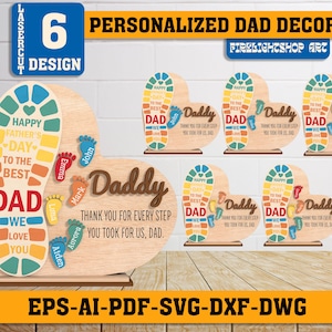 Gepersonaliseerde vader voetafdruk hart stand decor SVG, cadeau voor papa, Vaderdag svg, vaderdagcadeaus svg, Glowforge-bestanden, lasergesneden bestanden