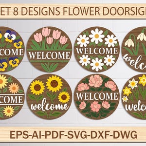Placa de boas-vindas de primavera com corte a laser, porta-chaves redondo SVG, decoração com flores de primavera, placa de boas-vindas de primavera, decoração de porta de entrada, arquivo Glowforge