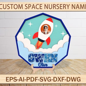 Weltraum Kinderzimmer Ständer, Rakete Baby Namen Zeichen SVG, Weltraum Stern, Kinderzimmer Name Runde Schnittdatei, Baby Boy, Laser-Schnitt-Datei für Glowforge,