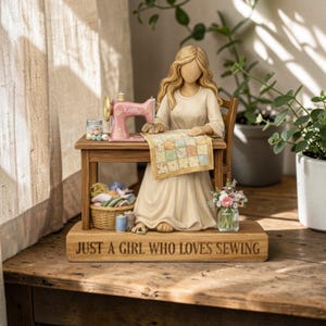 Pode incluir: Estatueta de uma mulher costurando, com uma máquina de costura rosa e um edredom em uma mesa de madeira. A base diz "JUST A GIRL WHO LOVES SEWING". Há também uma cesta de linha e um pote de flores. A máquina de costura tem o nome "Kathy".