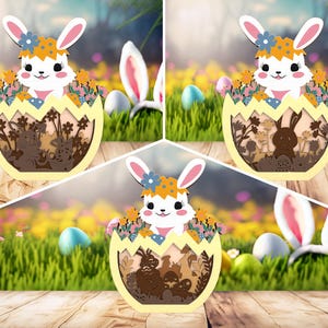 Décoration 3D multicouche en bois sur pied jour de Pâques Svg, oeuf de Pâques et lapin mignon Svg, fichier découpé au laser Svg, bricolage floral printemps scène modèle Svg