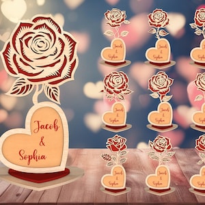 Gepersonaliseerde bloemen Valentines laser cutfile Svg, staande roos SVG, twee gelaagde roos en hart met standaard lasergesneden bestanden svg, houten roos Svg