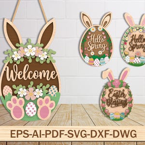 Easter Day Door Hanger SVG, Bunny Welcome Cut Files, Happy Easter Svg, Easter doorhanger, Welcome Sign Svg, Easter Door Sign Glowforge Files