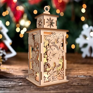 Lanterna pupazzo di neve di Natale Svg, modello di scatola ombra fai da te Svg, portacandele in legno Svg, file tagliato al laser Svg, decorazioni da tavolo pupazzo di neve di Natale Svg