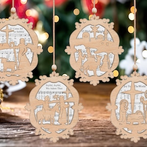 Krippe Musik Blatt Schmuck Ornament, Frohe Weihnachten Lied Schmuck, Holz Aufhänger LaserCut Datei, Baby Jesus Schutz, Weise Männer Schutz, Heilige Familie Schutz
