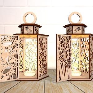Lanterne florale printanière debout fichier Svg découpé au laser, lanterne florale décoration Svg, motif lampe bougeoir Svg, bricolage Shadow Box Svg, Glowforge