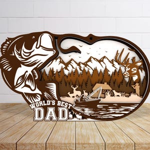 Multilayer World&#39;s Best Dad Scene Art Laser Cut SVG,  Fishing Scene svg, Fishing Dad Svg, Gift for Dad, Fathers Day svg, Glowforge svg files