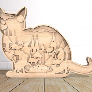 Arquivo de corte a laser gravado em madeira de gato 3D multicamadas, estatuetas de decoração em pé Glowforge faça você mesmo, modelo de corte de tema de gato 3D SVG