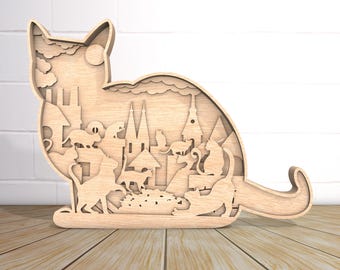Multilayer 3D Cat Wooden Engraved Laser Cut File, Decoration Figurines Standing Glowforge DIY Make Model, 3d cat theme cut SVg