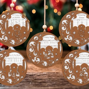 Krippe Musik Blatt Ornament svg, Krippenszene Aufhänger svg, Merry Christmas Song svg, Baby Jesus Christbaumkugel svg, LaserCut File svg