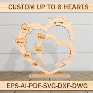 Archivo de corte láser con nombre de corazón personalizado, SVG de mamá e hijos, regalo para la abuela de parte de los nietos, abuela con nombres de niños, archivo de corte láser Glowforge