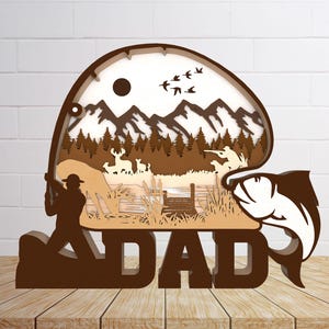 Happy Father&#39;s Day Go Fishing Standing Lasercut File Svg, Fishing Scene Svg, Fishing Dad svg, Gift for Dad, Fathers Day svg, Glowforge