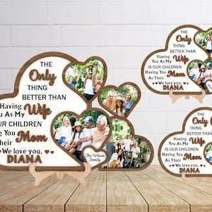 Personalisierter glücklicher Muttertag Herz-Fotorahmen Cutfile svg, Familienfotorahmen, stehendes svg, nur Frau-Mama, hölzerner Herzrahmen, Glowforge
