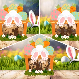 Décoration 3D multicouche en bois sur pied jour de Pâques Svg, bricolage floral printemps scène modèle Svg, oeuf de Pâques et lapin, fichier découpé au laser Svg
