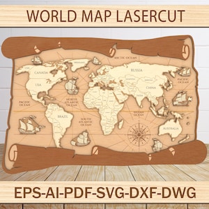 Wereldkaart lasercut bestand SVG, lasergesneden wereldkaart, digitale wereldkaart, kaart svg, houten wereldkaart, gelaagde kaarten, lasergesneden kaart