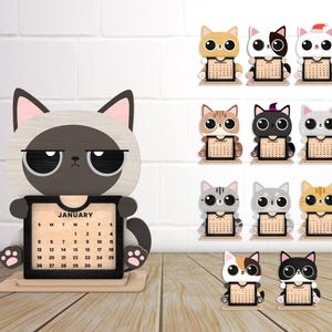 Meow Calendar Standing Decor Lasercut Svg, Meow Calendar Gifts Svg, Calendario gatti carini Svg, Calendario Svg, Calendario per amanti degli animali, Glowforge