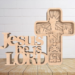 Archivos cortados con láser de la cruz de pie del cristianismo resucitado, archivo cortado con láser de decoración de mesa Svg, Jesús es el Señor, cruz Svg, archivo Glowforge
