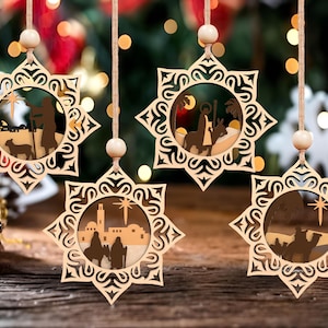 Warstwowa ozdoba szopki Svg, ozdoba świąteczna szopka laserowo wycinana plik Svg, ozdoba sceny szopki Svg, dekoracja świąteczna, plik Glowforge Svg