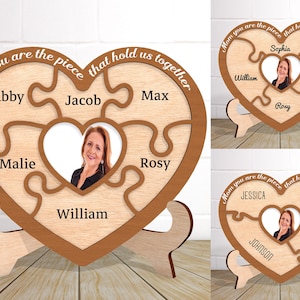 Personalized Mother&#39;s Day Puzzle Piece Sign , Mother Heart Sign Cutfile,Gifts for Mom from Kids, Mother Day Svg,Lasercut File,Glowforge File