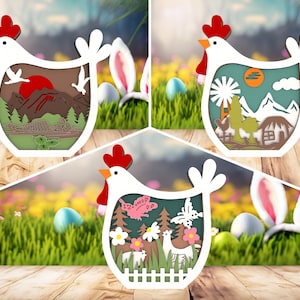 Pollo di Pasqua in piedi a più strati SVG, Pollo di Pasqua in legno con fiori SVG, Decorazione primaverile per la casa SVG, File tagliato al laser SVG, Glowforge