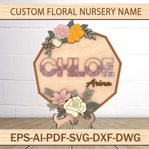 Flower 3D Wooden cut file, Flower Nursery Name Sign, Nursery table Art, Wood Baby Name Sign, Girl Nursery Rose Decor, Glowforge Laser Cut