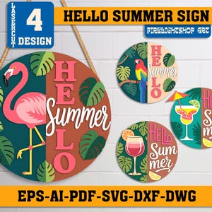 Ensemble tropical de plaque de porte d'été Bonjour | Enseigne ronde découpée au laser, cocktail, perroquet flamant rose | Fichier décoratif d'été Glowforge en couches