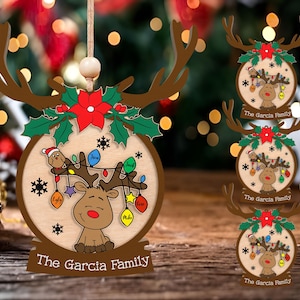 Personalisierte Rentier Familie Ornament SVG, anpassen Weihnachten Licht Name SVG, frohe Weihnachten Lasercut Datei svg, Holzkugel Wohnkultur
