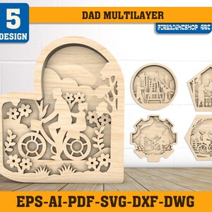 Kolekcja Father Day Moments, 5 wzorów i 5 kształtów, ozdoba na etykietę na dzień ojca, wycinana laserowo drewniana pamiątka dla taty i dziecka, etykieta prezentowa MDF svg