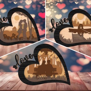 Corazón de San Valentín en 3D multicapa con forma de corazón, plantilla de pareja de enamorados de madera para hacer uno mismo, archivo cortado con láser para aniversario romántico