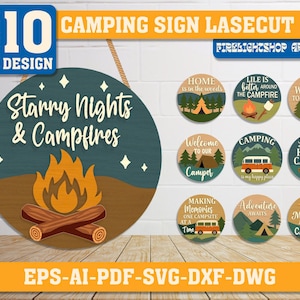 Paquete de letreros láser para camping, descarga digital, colgador de puerta redondo SVG, archivo láser Glowforge, Cricut, letrero de bienvenida para puerta de entrada, decoración de verano