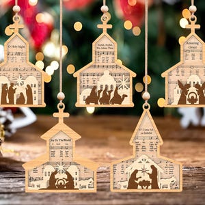 Krippe Notenblatt Ornament SVG, Baby Jesus Poster, Holzkirche Lasercut Datei dafür, frohe Weihnachten Songtexte, Weihnachten Songtexte