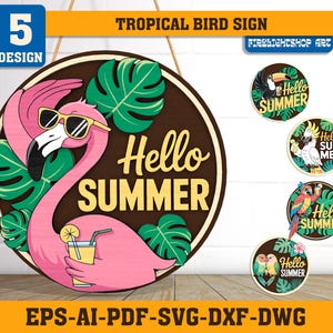 Hallo Sommer tropischer Vogel Türschild, geschichteter Papagei Flamingo Tukan Holzschild SVG, Laser geschnitten Sommer-Veranda-Dekor