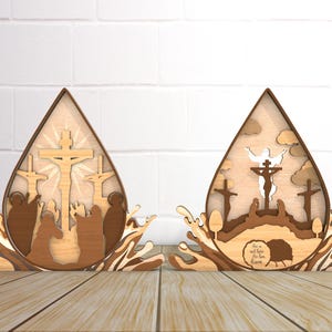 Archivos cortados con láser de múltiples capas de Jesús y la cruz de pie para el día de Pascua Svg, Svg de decoración de Pascua resucitada, Svg de cruz, Svg de decoración de mesa, Svg de Jesús, archivo Glowforge
