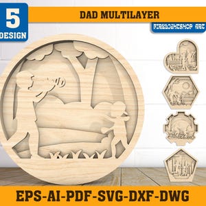 Kolekcja Father Day Moments, 5 wzorów i 5 kształtów, ozdoba na etykietę na Dzień Ojca, wycinana laserowo drewniana pamiątka dla taty i dziecka