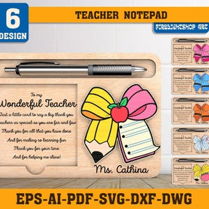 Personalisierter Lehrer kokette Bögen Notizhalter SVG, Laser geschnittener Holz Schreibtisch Organizer mit Stiftschlitz, benutzerdefinierter Name Post-It Pad Halter für Lehrer