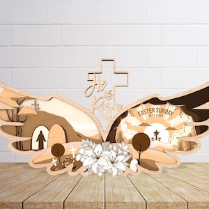 File di taglio laser in piedi di Pasqua è risorto SVG, decorazioni per ali multistrato di Pasqua SVG, decorazioni per tavoli SVG, Gesù SVG, croce SVG, file Glowforge