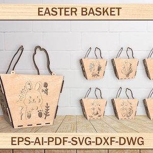 Lot de paniers porte-oeufs de Pâques, printemps de panier de Pâques Svg Laser, fichier coupé panier de fleurs, svg Joyeuses Pâques, panier de Pâques, porte-oeufs en bois