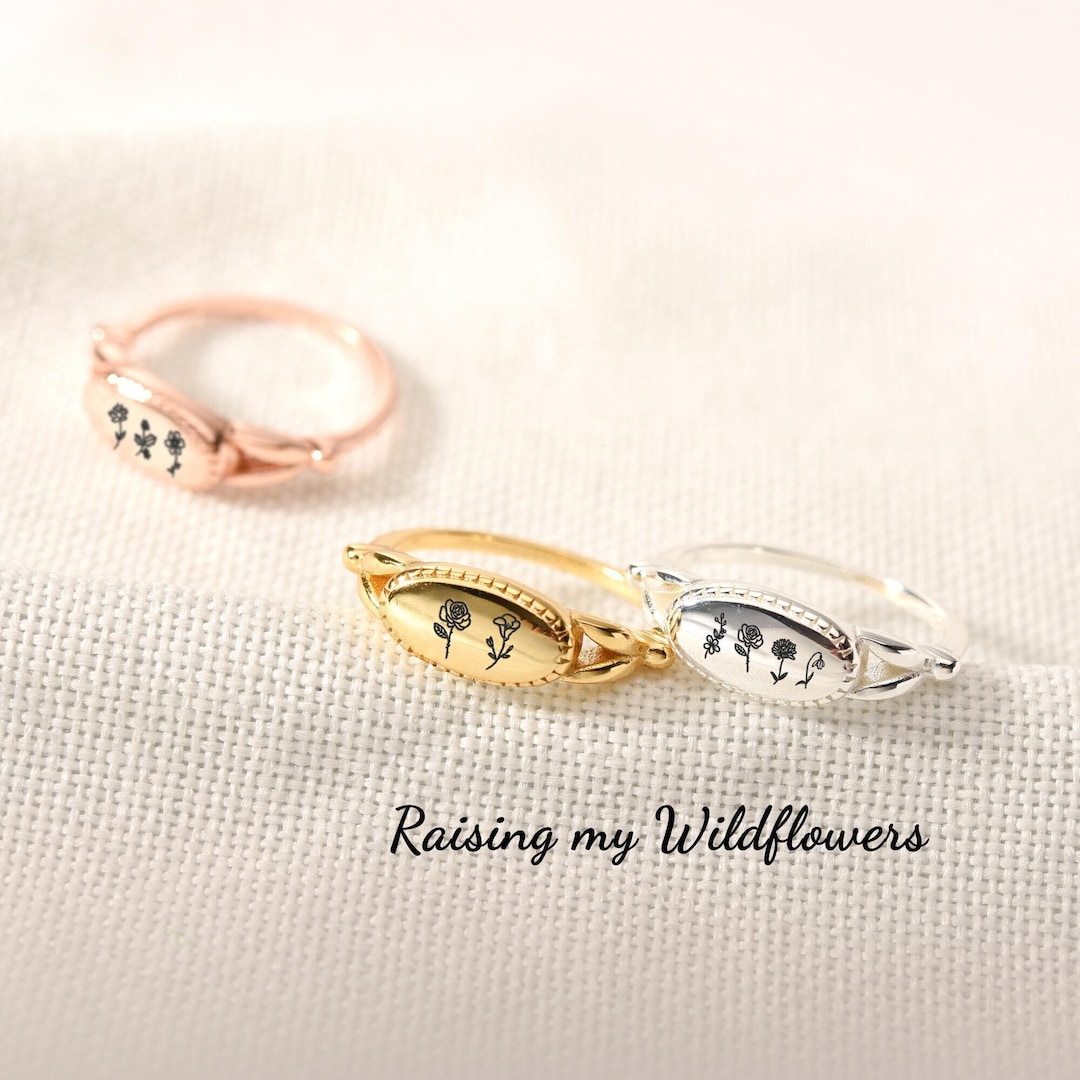 Personalized Birth Flower Ring, Custom Birth Month Ring, Birth Flower ...