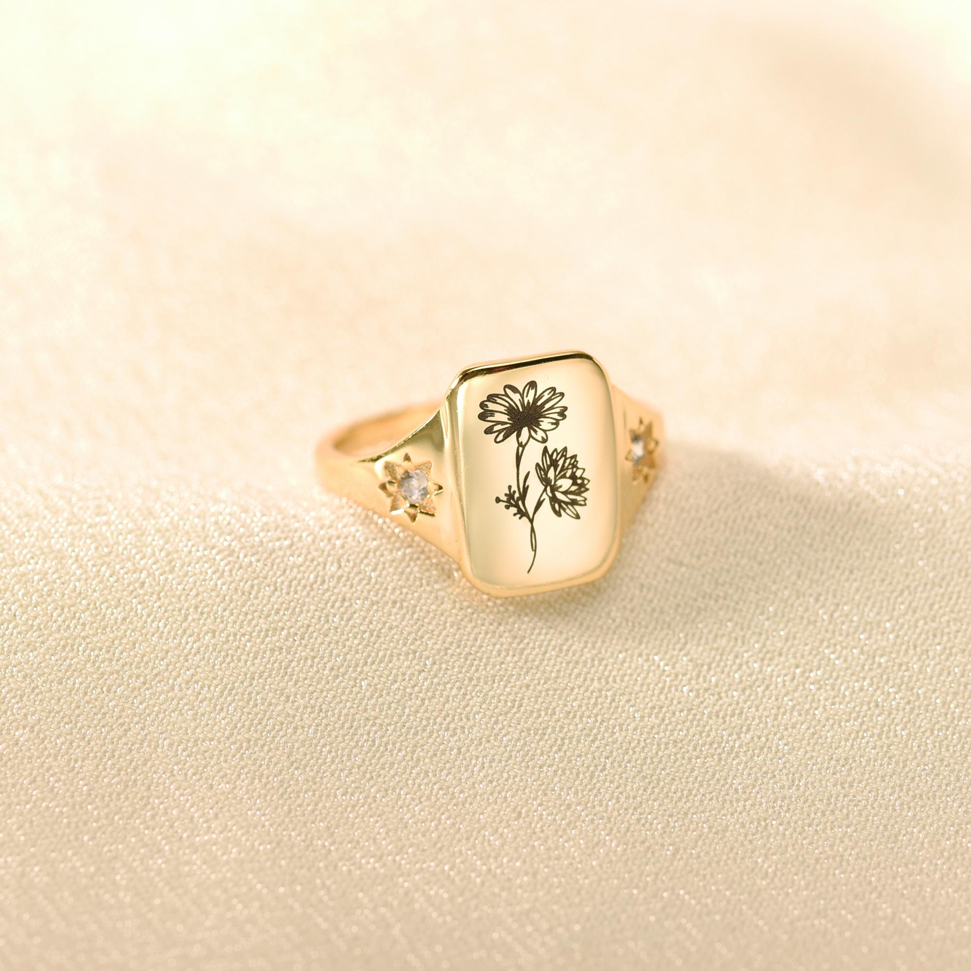 Personalized Birth Flower Ring, Birth Flower Jewelry, Mother's Ring ...