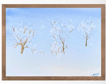 ORIGINAL Snow  Watercolor Painting, Snowy Tree Painting, Snowy Forest Art, Blue Winter Scene, Wall Decor, Winter Landscape Gift, 8x6