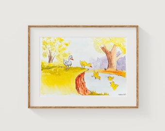 El patito feo, lámina artística original en acuarela, cuadro decorativo infantil (5x7)