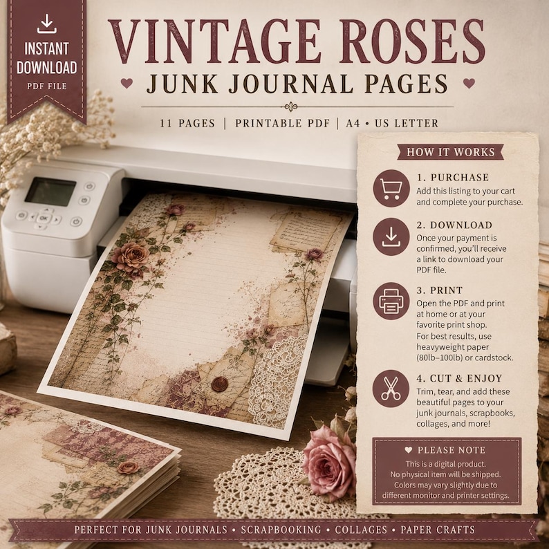Vintage Roses Junk Journal Pages | Printable PDF Journal Kit | Romantic ...