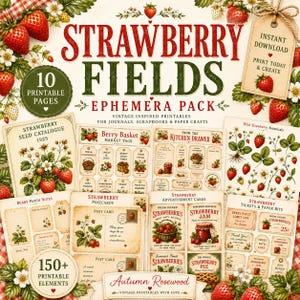 STRAWBERRY FIELDS Ephemera Pack | 150+ Printable Elements | Vintage Strawberry Junk Journal Kit | Scrapbook Papers | Instant Download