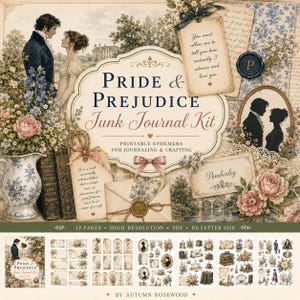 May include: A vintage-style "Pride & Prejudice" junk journal kit. The design features illustrations of a couple, floral arrangements, and antique ephemera. The kit includes printable elements for journaling and crafting, with the text "Pride & Prejudice Junk Journal Kit".