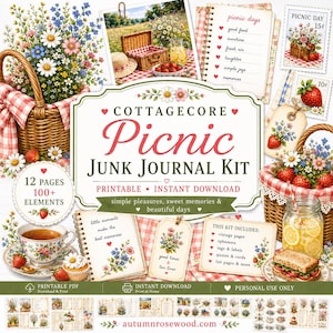 Puede incluir: Kit de diario digital Cottagecore Picnic con 12 páginas y más de 100 elementos. La imagen presenta cestas de picnic, fresas, flores y páginas de diario con texto como "picnic days". Incluye PDF imprimible.