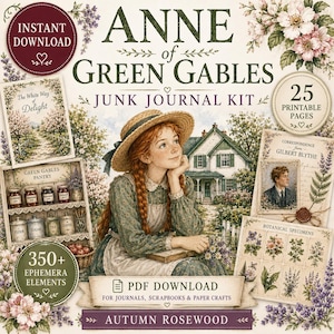 Pode incluir: Um kit de junk journal de Anne of Green Gables com 25 páginas imprimíveis e mais de 350 elementos efêmeros. O design inclui uma ilustração de uma menina com tranças ruivas e chapéu de palha, uma casa, detalhes florais e etiquetas.