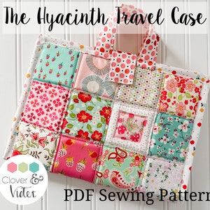May include: A PDF sewing pattern for a quilted travel case with a patchwork design featuring floral and geometric prints in pink, red, green, and blue. The case has a handle and the text "The Hyacinth Travel Case" and "PDF Sewing Pattern" are visible.